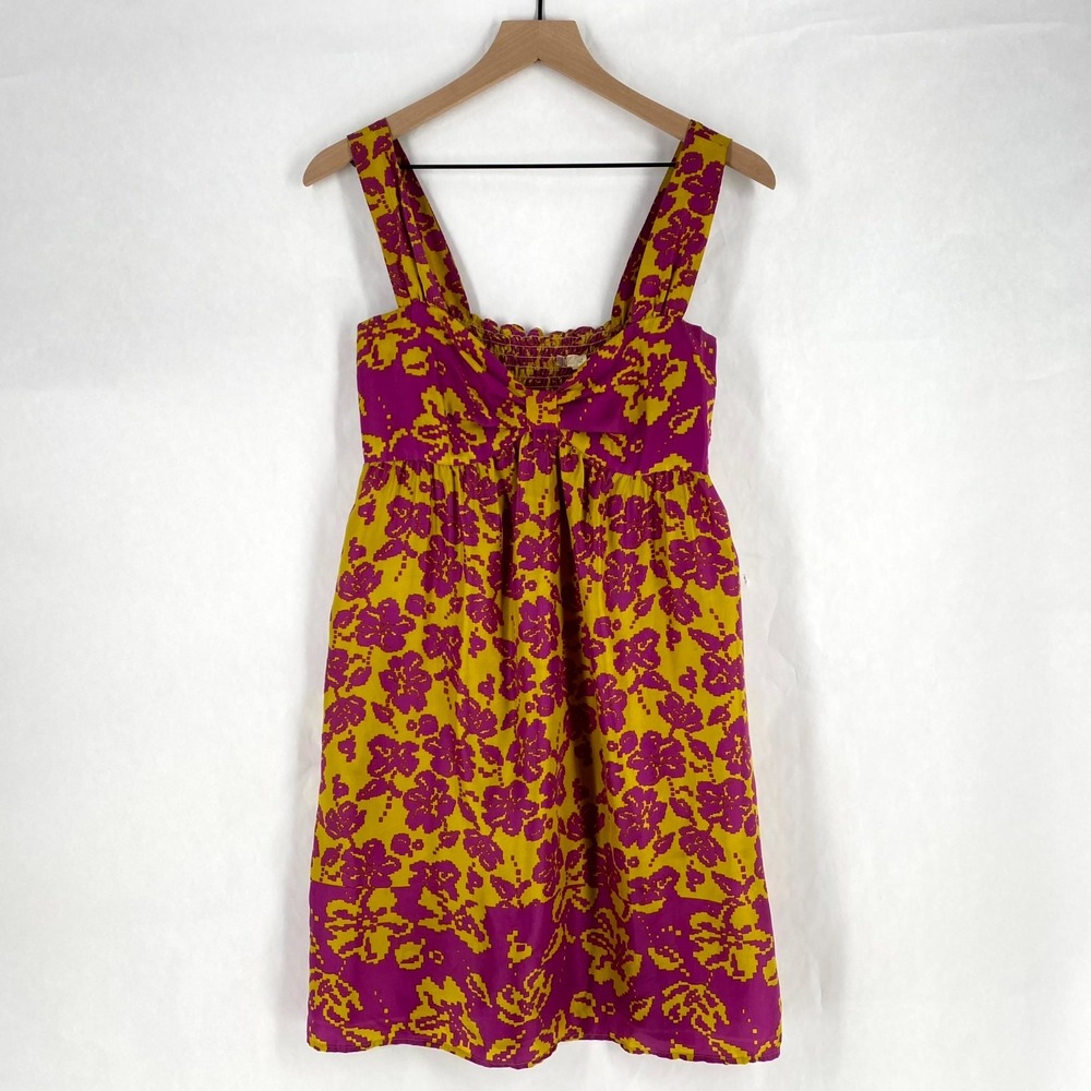 Population Silk Babydoll Dress Womens 6 Purple Mustard Floral‎ V Neck Smocked